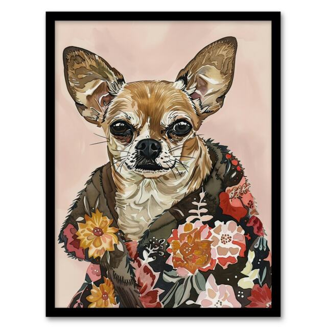 Dog Lover Chihuahua With Floral Fur Coat Black Framed Wall Art Print A4