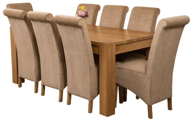 Kuba 180 x 90 cm Chunky Oak Dining Table and 8 Montana Fabric Chairs Brown Beige