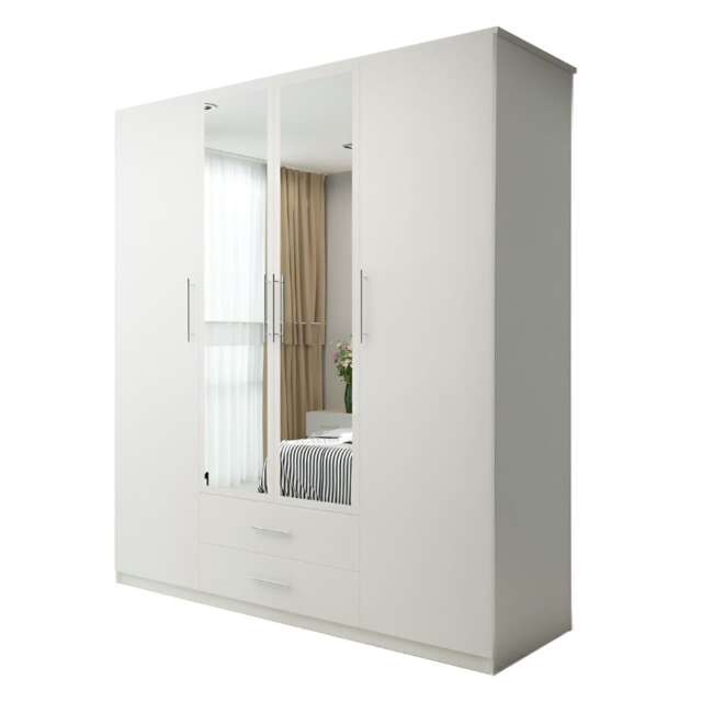 Modern Space-Saving 4-Door Hinged Wardrobe with Central Mirrored Doors - 8 Shelves & 2 Drawers, 171cm Wide