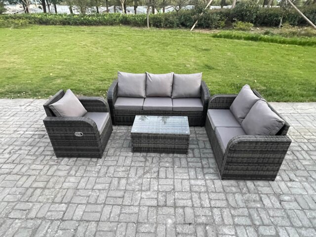 Fimous Patio Garden Furniture Sets Wicker 6 Seater Outdoor Rattan Furniture Sofa Sets with Rectangular Coffee Table Reclining Chair Loveseat Sofa 3 Seater Sofa