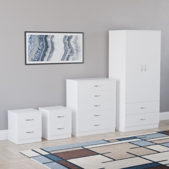 Vida Designs Riano 4 Piece Bedroom Set (2 Drawer Bedside Chest, 5 Drawer Chest, 2 Door 2 Drawer Wardrobe), White