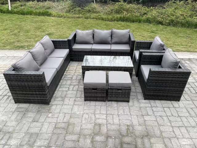Fimous Outdoor Rattan Garden Furniture Lounge Sofa Set With Oblong Rectagular Coffee Table 2 PC Arm Chair 2 Stools