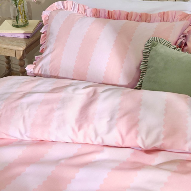 Wylder Nature Birdie Stripe Ruffle Duvet Cover Set Pink Pink/Raspberry King