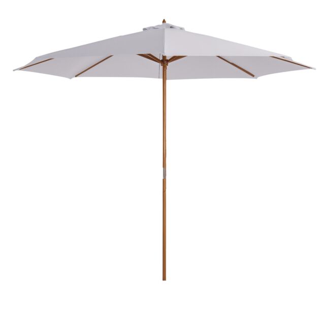Outsunny 3m Garden Parasol, Pulley Operated Patio Umbrella, Wooden Parasol, Table Market Umbrella with Rope Pulley Mechanism and 8 Ribs, White