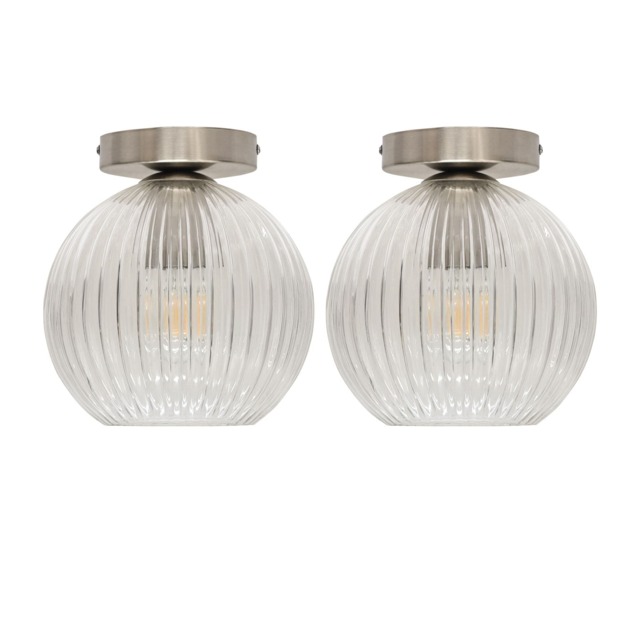 Set of 2 Betchley - Clear Ribbed Glass Satin Nickel Ceiling Lights