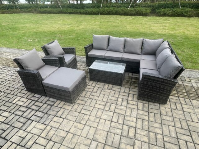 Fimous 9 Seater High Back Outdoor Garden Furniture Set Rattan Corner Sofa Set With Rectangular Coffee Table Big Footstool 2 Armchairs Dark Grey Mixed