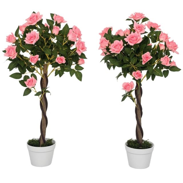 Outsunny Set of 2 90cm3FT Artificial Rose Tree, Fake Decorative Plant with Pot, UV-Resistant FauTree for Outdoor Indoor Home Office Decor, Pink