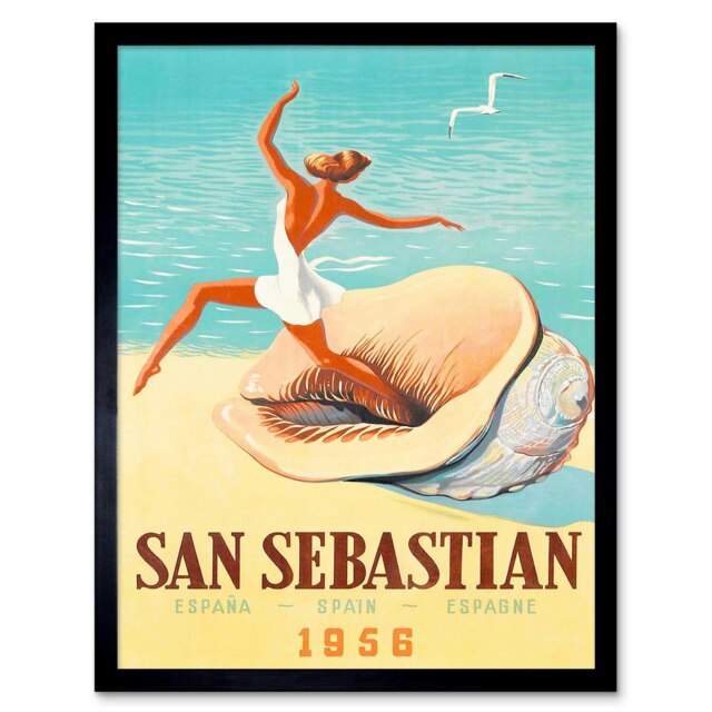 San Sebastian Spain Beach Conch Shell Gull Sea Sand Framed Wall Art Print