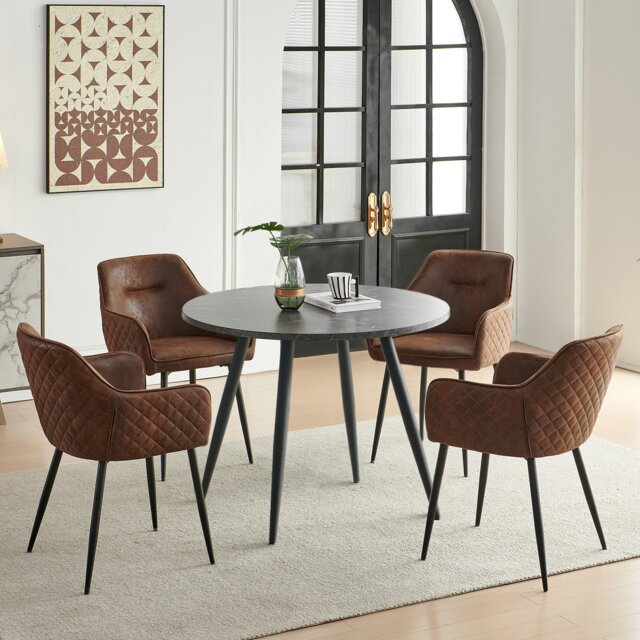 SONARA Black Marble Round Dining Table and 4 Faux Suede Chairs Set Modern 4 Seater for Dining Room