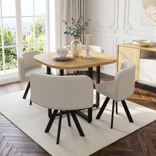 VILUXE 5-Piece Dining Set with 85cm Square MDF Table and 4 Linen Upholstered Chairs, Oak Effect and Beige