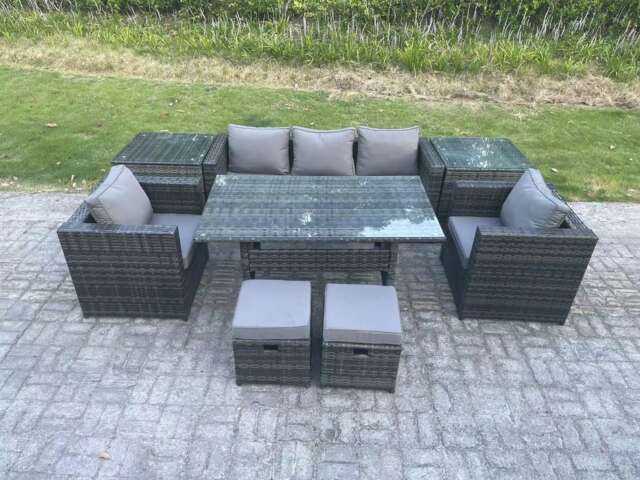 Fimous Outdoor Garden Furniture Set Patio Rattan Rectangular Dining Table Lounge Sofa Chair with 2 Side Table 2 Small Stools Dark Grey Mixed
