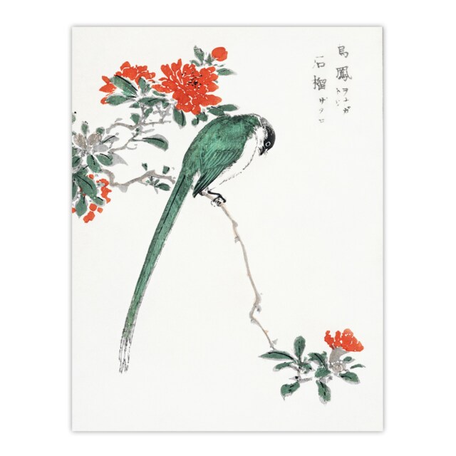 "Long Tailed Tit and Pomegranate Tree Vintage Wall Art Print Kashu 24x32"""