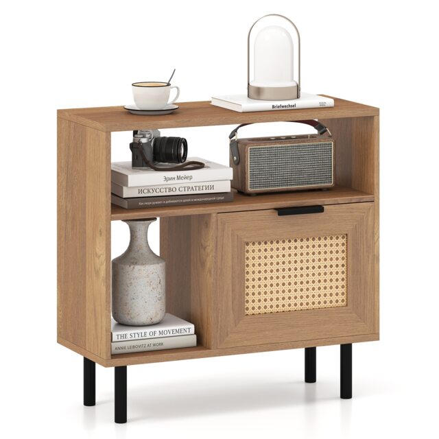 COSTWAY Modern Nightstand Boho Rattan Side End Table Storage Shelf Natural