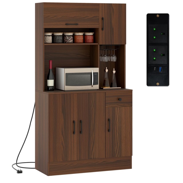 COSTWAY 167cm Tall Pantry Cabinet with Hutch and Power Outlets