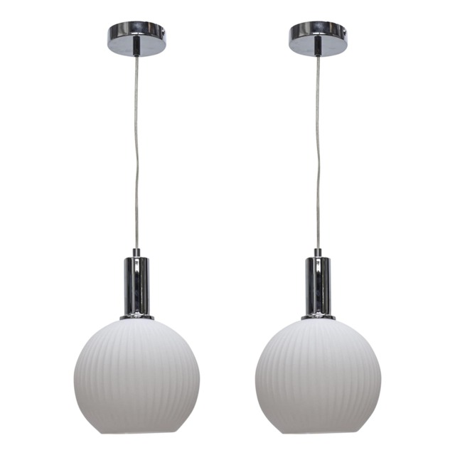 Set of 2 Betchley - White Ribbed Glass Globe Chrome Deco Pendants