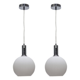 Set of 2 Betchley - White Ribbed Glass Globe Chrome Deco Pendants