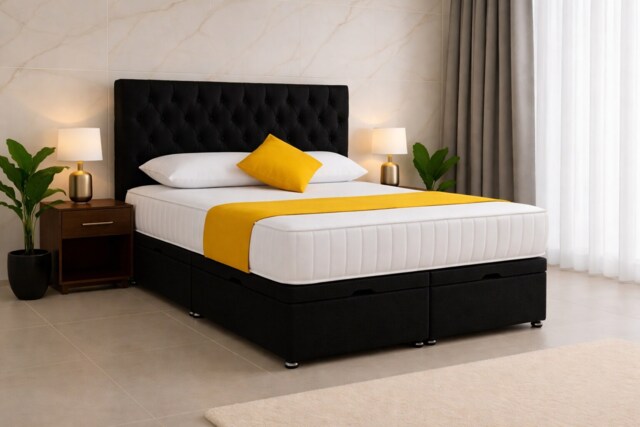 Chesterfield Black Plush Velvet End Lift Ottoman Divan Bed 6ft Superking with Headboard & Mattress