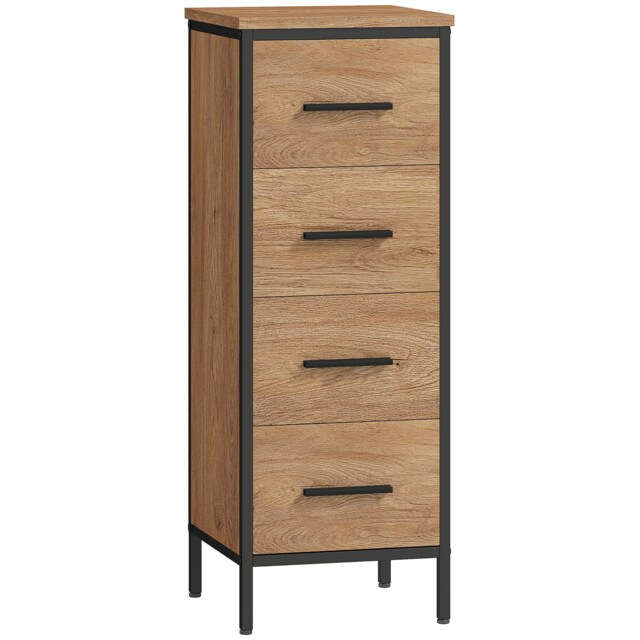 HOMCOM Narrow Bathroom Storage Cabinet, Industrial Slim Bathroom Storage Unit with 4 Drawers and Steel Frame for Small Spaces, 30 x 30 x 82 cm, Oak White Oak