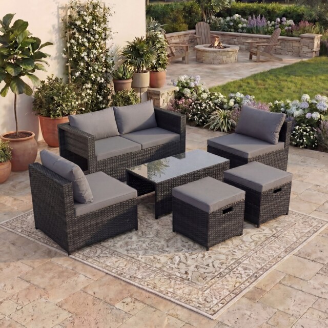 Garden Vida Islay 6 Seater Rattan Outdoor Garden Set with 2 Seater Sofa, 2x Chairs, 2x Stools, Glass Top Coffee Table - Black
