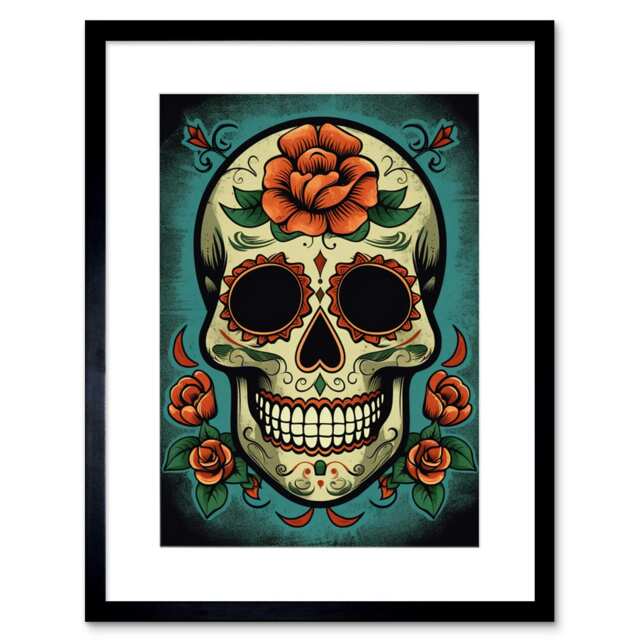 "Day of Dead Skull Old School USA Tattoo Ink Rockabilly 50s 9x7"" Black Framed Wall Art Print"