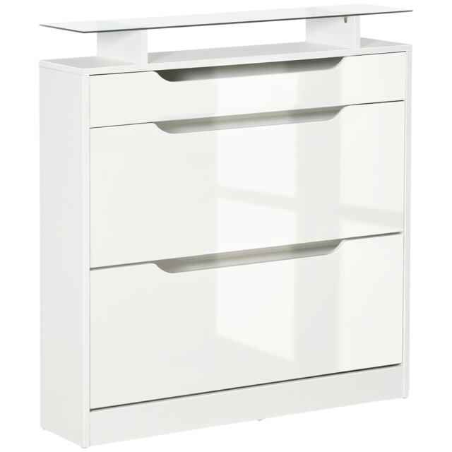 HOMCOM Shoe Storage Cabinet, Shoe Cupboard with Slide Out Drawer, 2 Flip Doors, Tempered Glass Top and Adjustable Shelves for 16 Pairs of Shoes, White