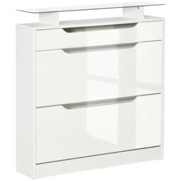 HOMCOM Shoe Storage Cabinet, Shoe Cupboard with Slide Out Drawer, 2 Flip Doors, Tempered Glass Top and Adjustable Shelves for 16 Pairs of Shoes, White