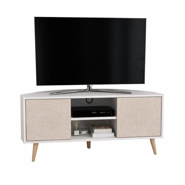 Decorotika Lesson 120 cm Corner TV Unit for TVs up to 51 inches with Cabinets and Open Shelves White White and Cotton Beige One Size 1