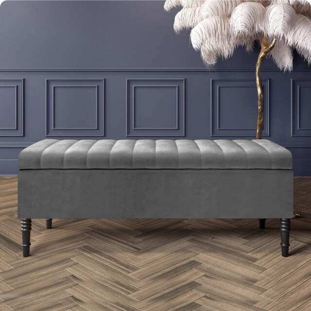 180cm Paris Striped Ottoman Storage Bench- Plush Velvet Shoe Bench - Grey Upholstery Footstool with Storage