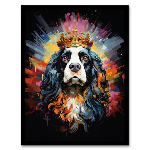 Dog King Charles Spaniel Crown Pet Portrait Black Framed Wall Art Print A4
