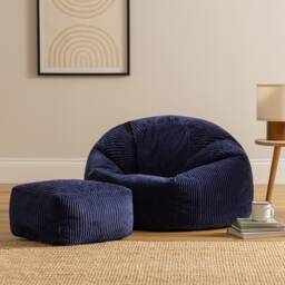 Kingston Cord Adults Bean Bag Chair and Pouffe, Ready Filled Beanbag and Footstool Navy Blue Blue Navy Blue 2