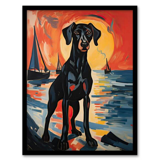 Doberman Dog Coastal Sunset Seascape Acrylic Black Framed Wall Art Print A4
