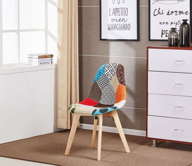 Single Patchwork Fabric Dining Chair with Wooden Legs, Mid-Century Modern Accent Chair Multi Multi