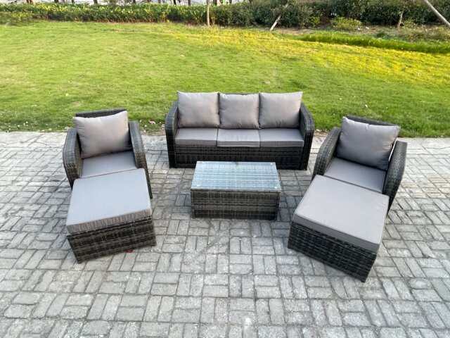 Fimous Wicker PE Rattan Garden Furniture Set 7 Seater Outdoor Lounge Sofa Set with Coffee Table 2 Big Footstool Dark Grey Mixed