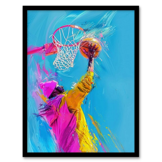 Slam Dunk Shot Basketball Player Abstract Black Framed Wall Art Print A4