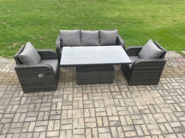 Fimous Rattan Outdoor Garden Furniture Sets Height Adjustable Rising lifting Dining Table Lounge Sofa Set With Reclining Chair Dark Grey Mixed
