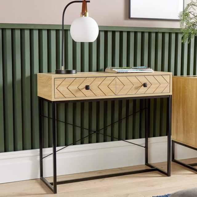 Console Table 2 Drawers Aztec Design Oak Effect Metal Legs Hallway Storage Unit