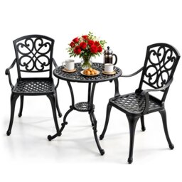 Homeology VIVALDI 3-Piece Cast Aluminium Garden Bistro Set- Rust-Proof Round Table with Parasol Hole & 2 Generously Sized Armchairs- Exquisite Baroque Design for Patio, Balcony & Conservatory (Black)