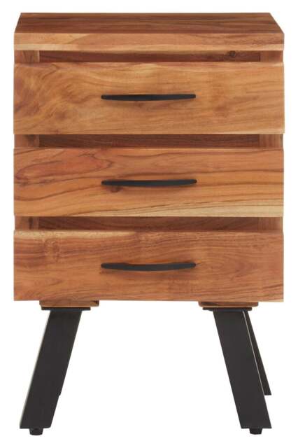 Orsina Three Drawer Acacia Side Table, Natural Solid Acacia Wood with Industrial Black Iron Legs, End Table