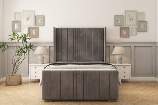 "Sloomy Hargrave Slate Naples Bed Frame With 50"" Upholstered Wingback Headboard 4'6 Double"
