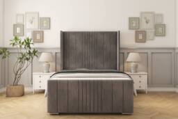 "Sloomy Hargrave Slate Naples Bed Frame With 50"" Upholstered Wingback Headboard 4'6 Double"