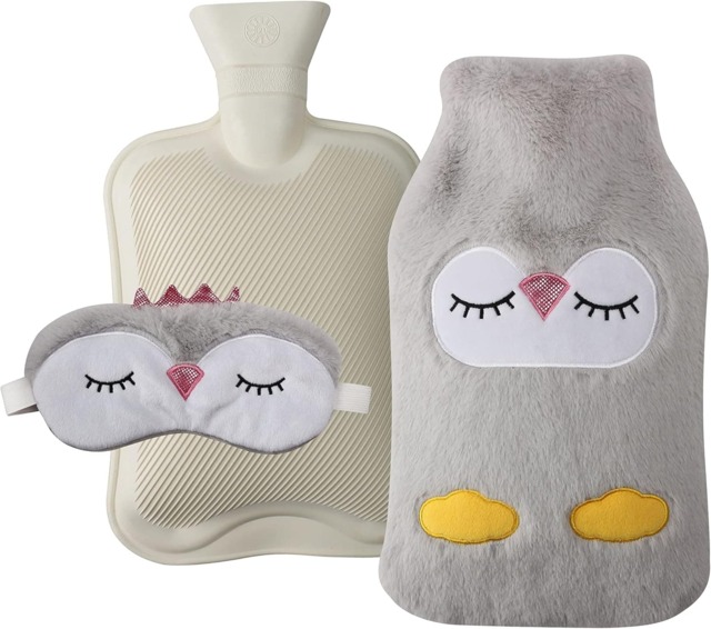 KAV Beautifully Faux Fur Cover with Hot Water Bottle and Satin Eye Mask - Durable 2L Size Bottles for Relaxing Sleep