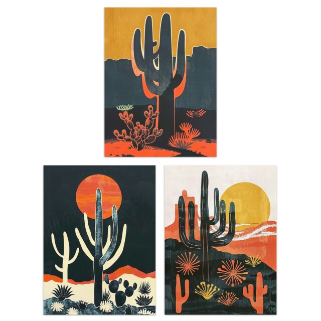 Set of 3 Modern Desert Cacti Sunset Landscapes Living Room A4 Size Wall Art Prints Pack