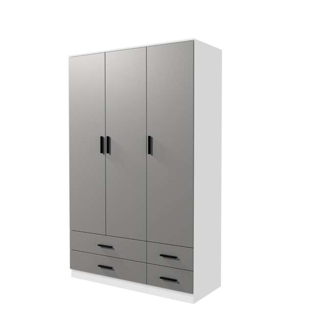 3 Door 4 Drawer Wardrobe With Hanging Rail And Storage Shelf White White Carcass & Grey Door 1