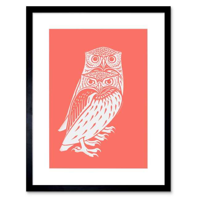 "Owls Julie De Graag Bold Coral Pink 9x7"" Black Framed Wall Art Print"