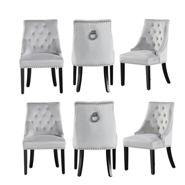 Set of 6 Velvet Dining Chairs Ergonomic Scoop Knockerback & Button Tufted Wood Legs Grey Light Grey