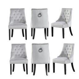 Set of 6 Velvet Dining Chairs Ergonomic Scoop Knockerback & Button Tufted Wood Legs Grey Light Grey