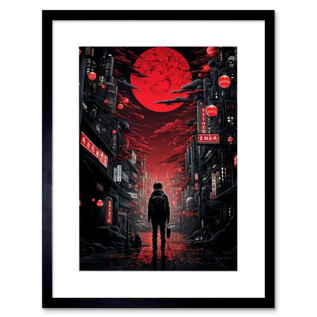 "Midnight Blood Moon Tokyo Gothic Cityscape 9x7"" Black Framed Wall Art Print"