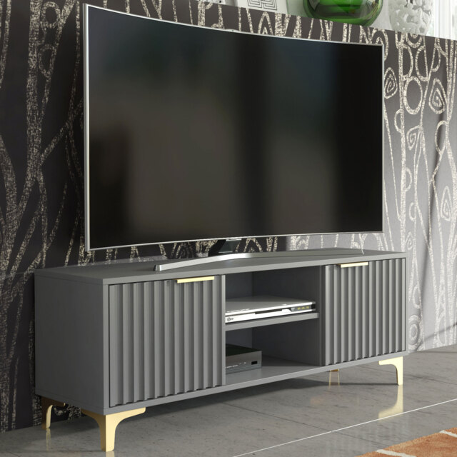 TV Unit Cabinet Media Cabinet Storage Stand Grey Fluted Doors Gold Legs 120cm