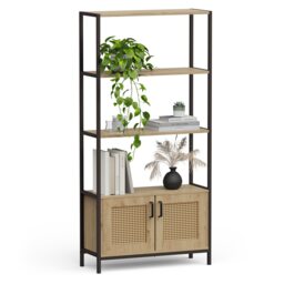 Vonhaus Lena Rattan Effect Bookcase with 3 Open Shelves for Living Room Brown