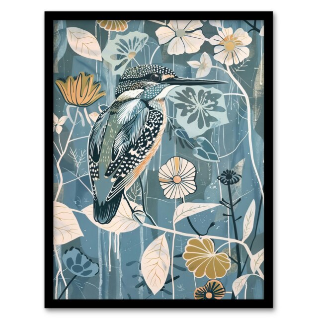 Kingfisher Bird Floral Branch Flower Pattern Black Framed Wall Art Print A4